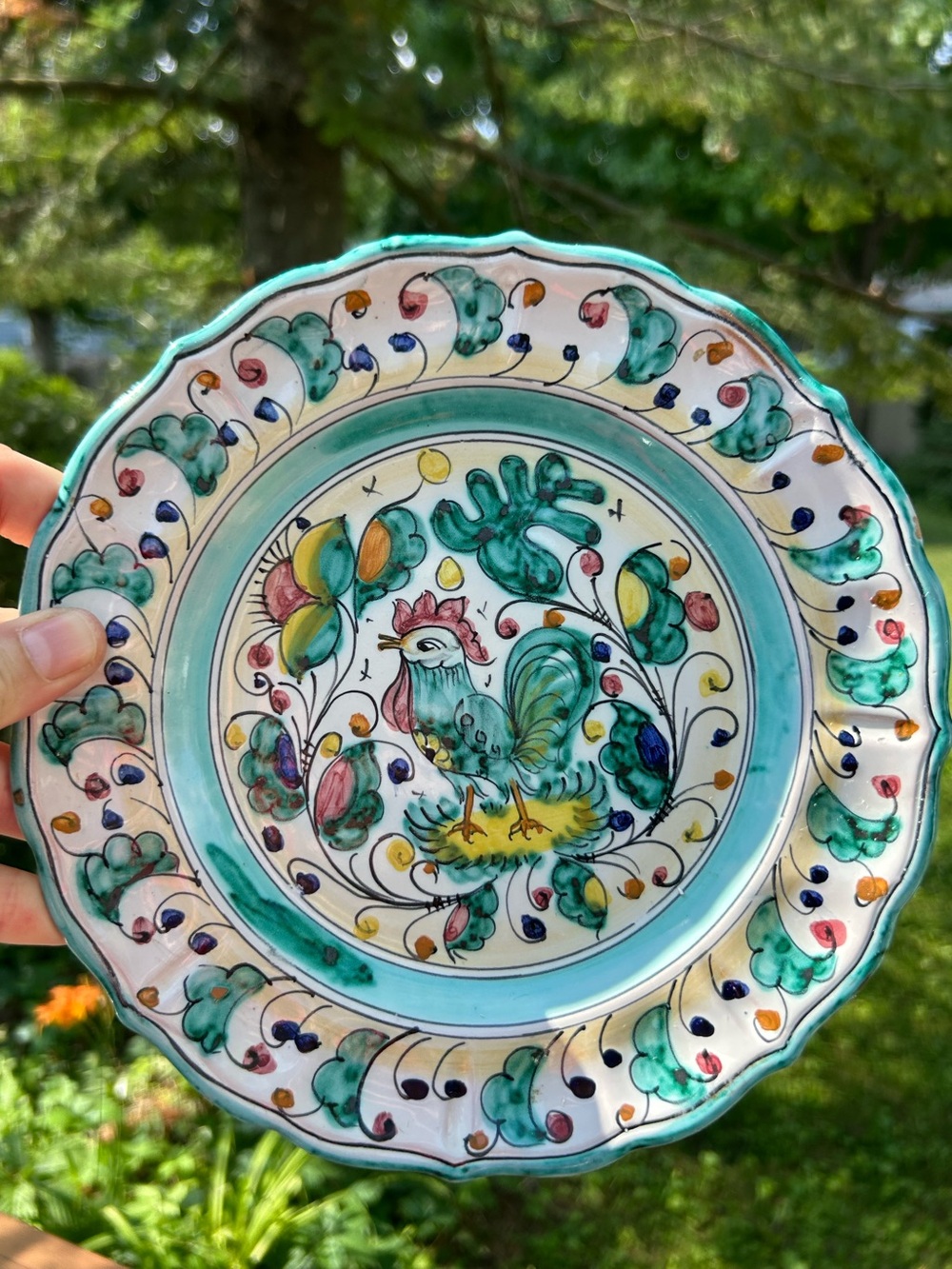 Vintage Plate Italian Hand-Painted Rooster Ceramic Pottery Scalloped Teal 8 Inch